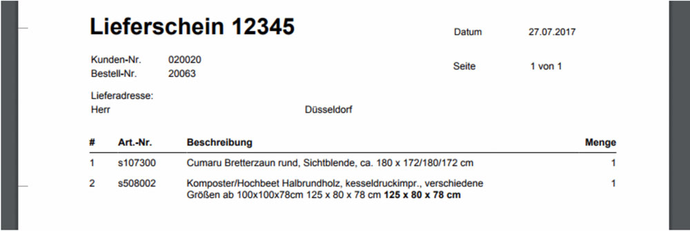 Darstellung auf dem Shopware-Lieferschein