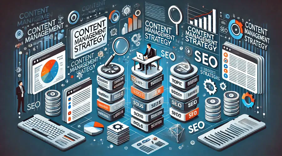 Illustration einer digitalen Content-Landschaft mit übereinandergestapelten Datenblöcken, auf denen Begriffe wie „SEO“, „Topic“, „Silo“, „Strategy“ und „Content“ stehen. Menschen und Symbole für Keywords, Charts, Suchfunktionen und Content-Management-Systeme visualisieren das Prinzip des Content Siloing als strukturierte SEO-Strategie.