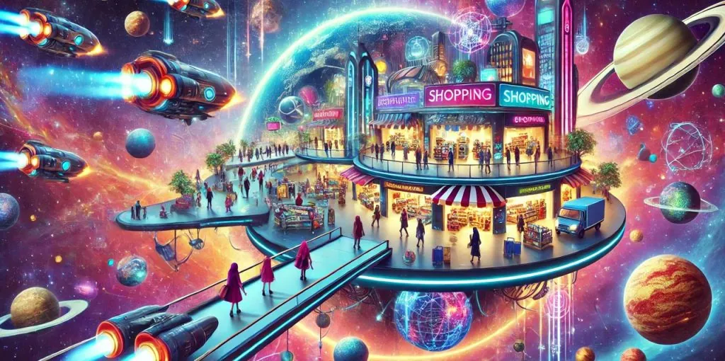 Futuristische Einkaufswelt im Weltraum: Eine schwebende Shopping-Plattform mit bunten Ladenfassaden, Fußgängern und Lieferfahrzeugen, umgeben von Planeten, Galaxien und fliegenden Raumschiffen. Die Szene wirkt wie ein leuchtendes Sci-Fi-Universum und symbolisiert eine visionäre Zukunft des Einkaufens jenseits physischer Grenzen.