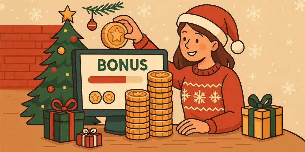 Eine lächelnde Person in roter Weihnachtsmütze und Schneeflockenpullover sitzt an einem Tisch vor einem Bildschirm mit dem Wort „BONUS“. Sie hält eine goldene Münze mit Sternsymbol über mehrere Münzstapel. Links steht ein geschmückter Weihnachtsbaum mit Geschenken, rechts ein weiteres Geschenk. Im Hintergrund fallen Schneeflocken und erzeugen eine weihnachtliche Stimmung.