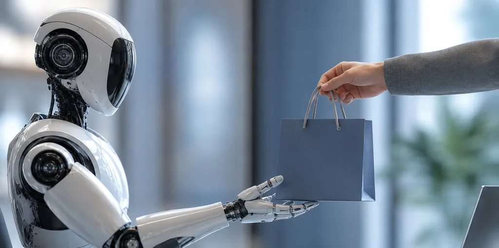 Ein weißer humanoider Roboter sitzt an einem Schreibtisch und reicht einer menschlichen Hand eine dunkle Einkaufstüte, daneben steht ein aufgeklappter Laptop in heller Büroumgebung — Sinnbild für den von einem KI-Agenten ausgeführten Einkauf.