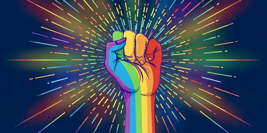 Erhobene Faust in Regenbogenfarben vor dunklem Hintergrund als Symbol für Zusammenhalt und Community